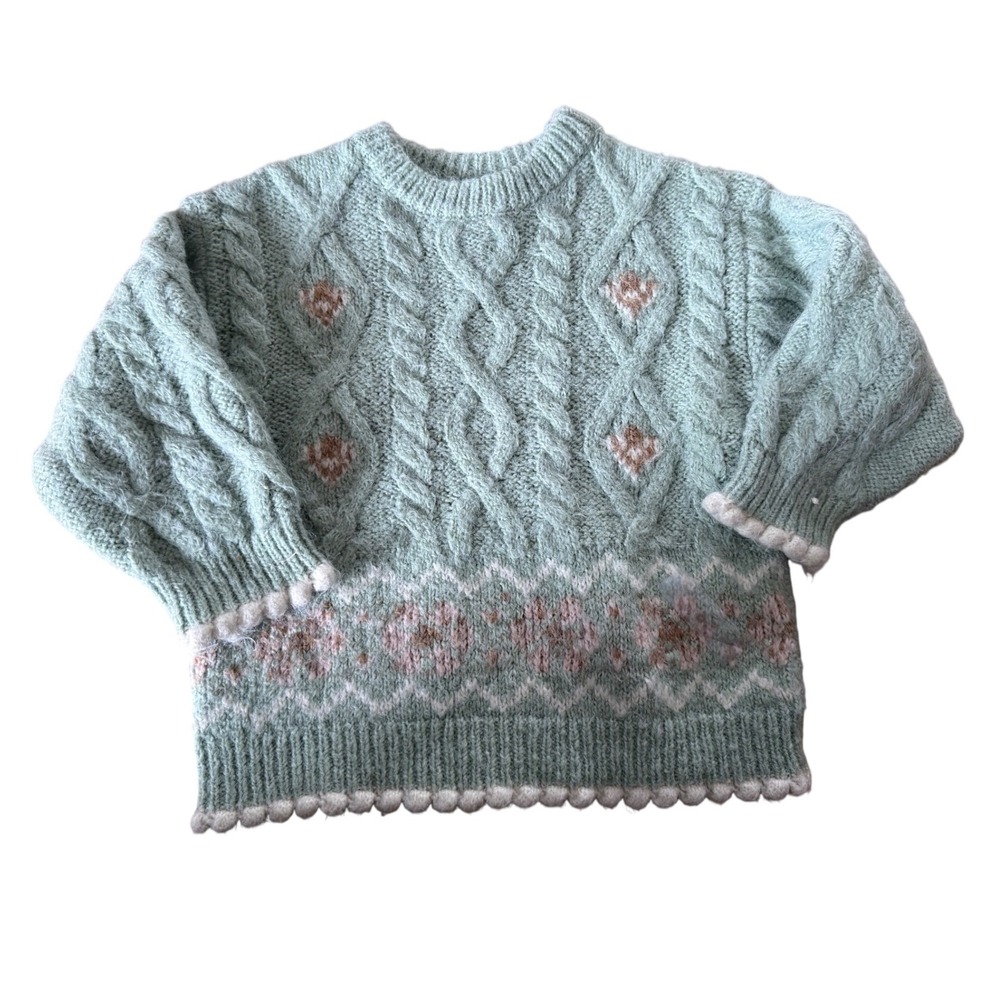 Zara kids sea green jacquard cable knit sweater
